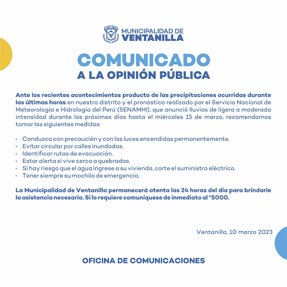 Comunicado ante precipitaciones